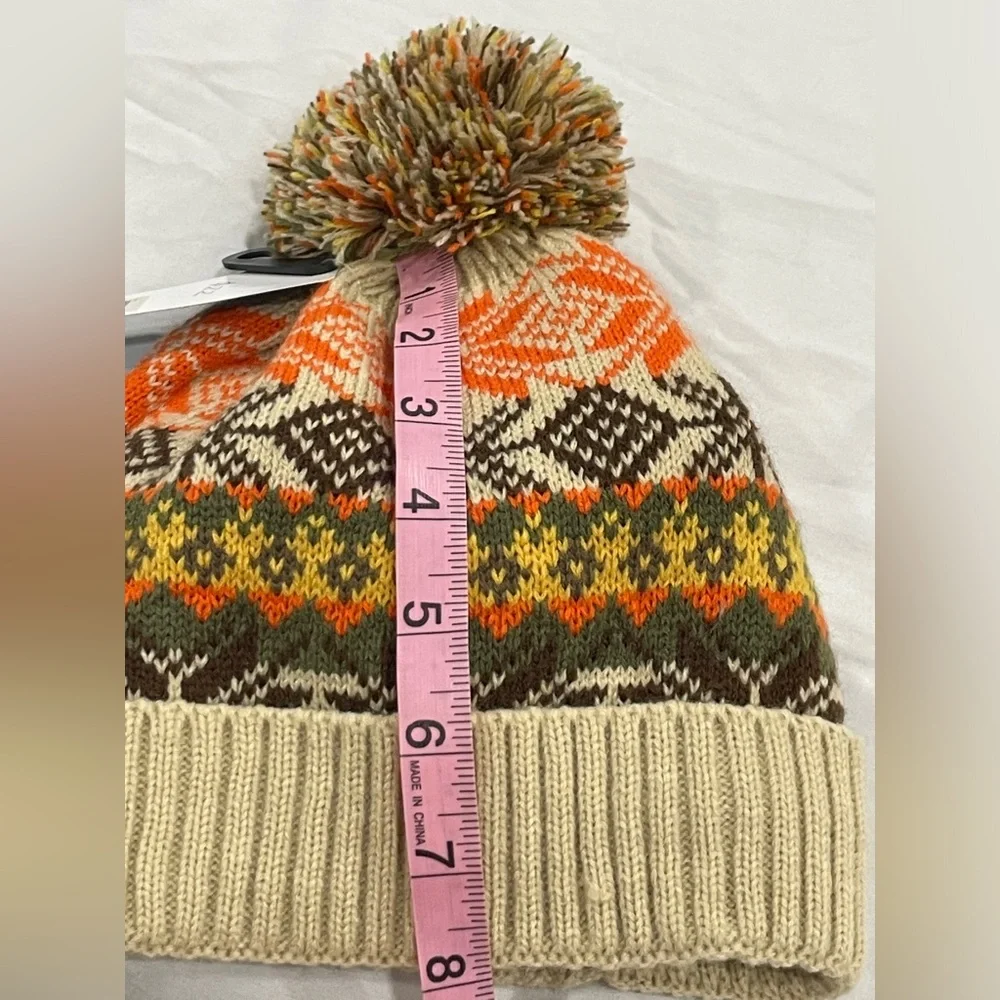 Jeanne Simmons Kids Fair Isle Beanie Winter Knit Hat‎ Pom Pom Orange Yellow NEW